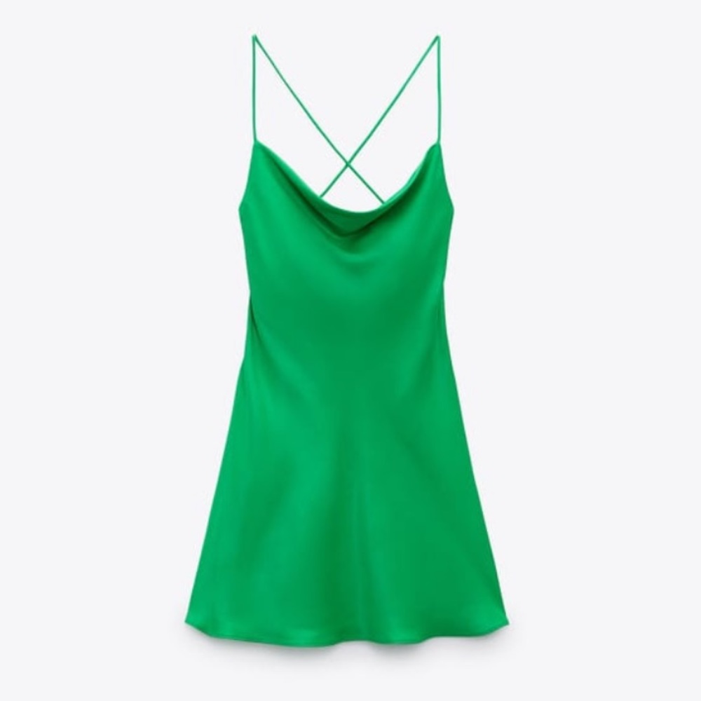 Zara Short Satin Effect Dress Green - Picture 5 of 14